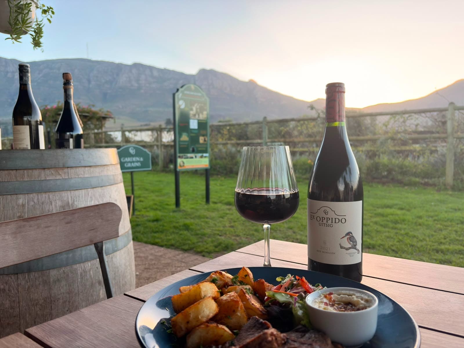 A Garden & Grains meal and local wine with a mountain view